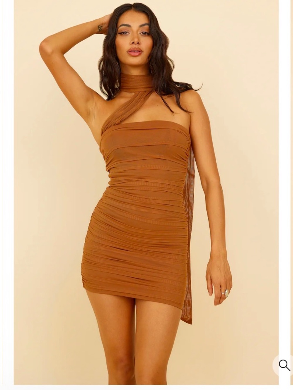 Brown One-Shoulder Ruched Mini Dress - Picture 3 of 9